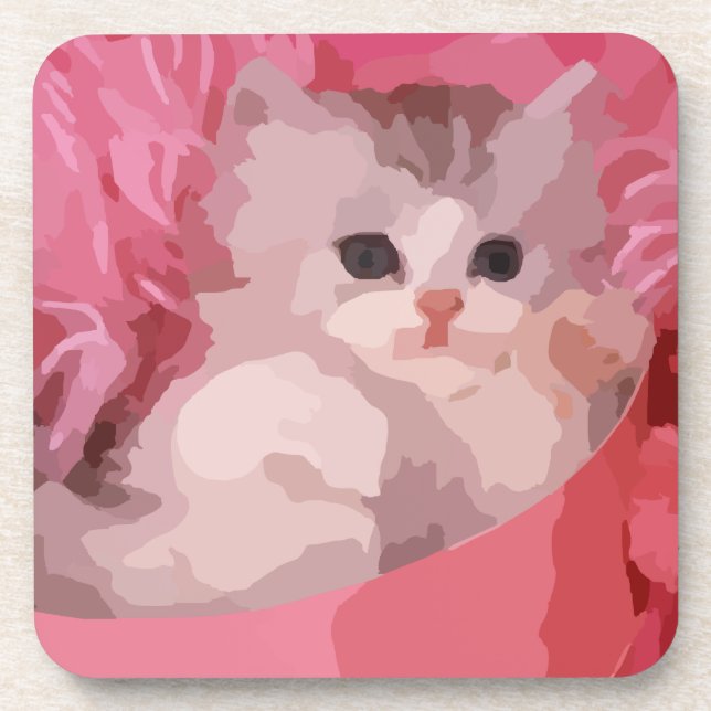 pink fluffy kitten coaster (Front)