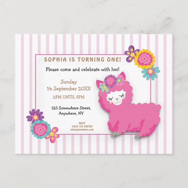 Pink Fluffy Llama Stripe First Birthday Invitation Postcard (Front)