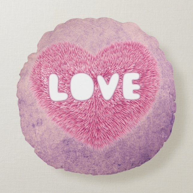 Pink fluffy Love Heart Round Cushion (Front)