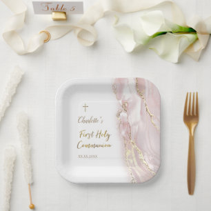 pink fluid marble First Communion Paper Plate