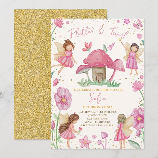 Pink Flutter and Twirl Fairy Birthday Invitation (Front/Back)