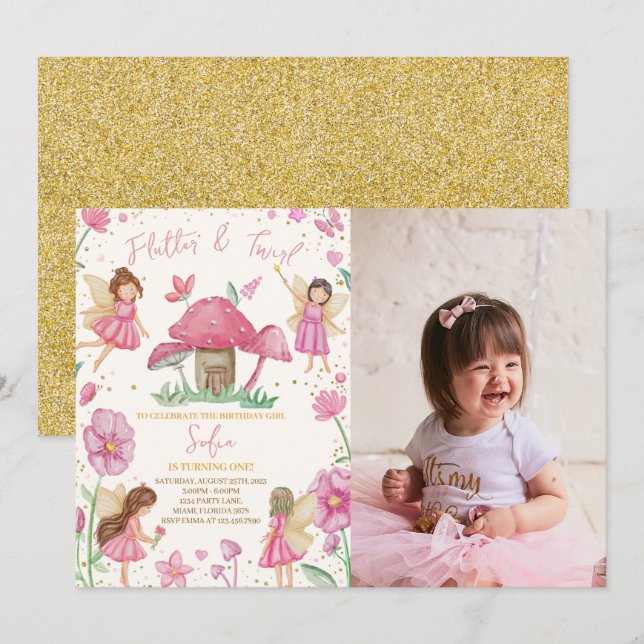 Pink Flutter and Twirl Fairy Birthday Photo Invitation (Front/Back)