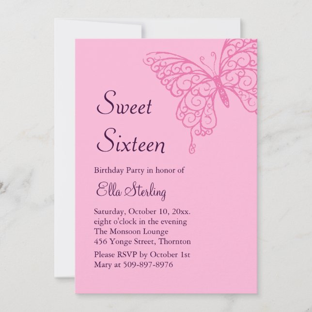 Pink Fluttering Butterflies Sweet Sixteen Invite (Front)