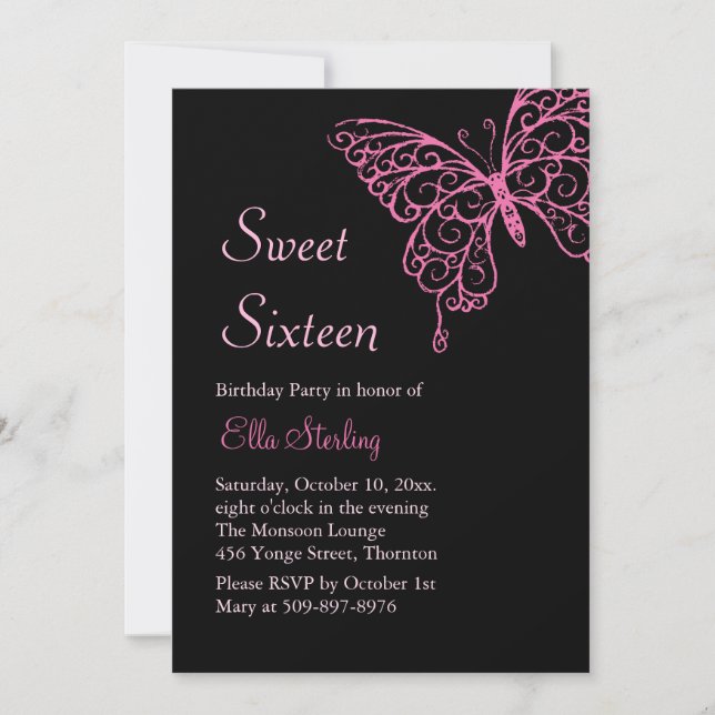 Pink Fluttering Butterflies Sweet Sixteen on Black Invitation (Front)