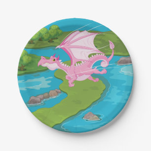 Pink Flying Dragon Over River Paper Plate