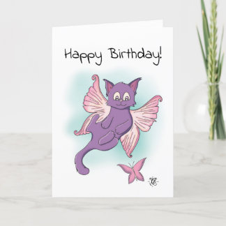 Pink Flying Kitten Happy Birthday Card