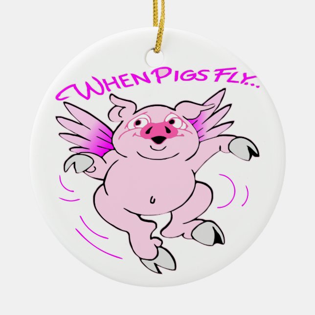 Pink Flying Pig When Pigs Fly Ceramic Tree Decoration (Front)