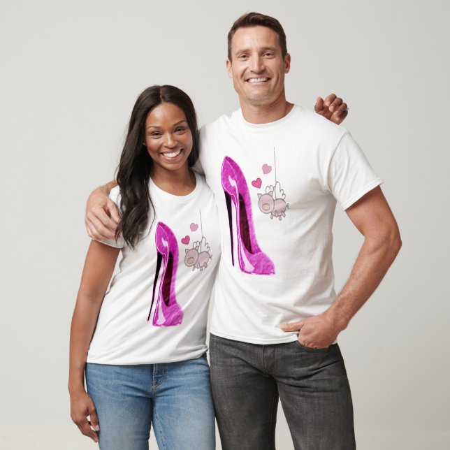 Pink Flying Pink and Stiletto Hearts Art T-Shirt (Unisex)
