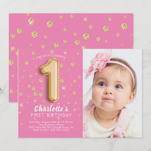 Pink Foil Balloon Photo 1st Birthday Invitation