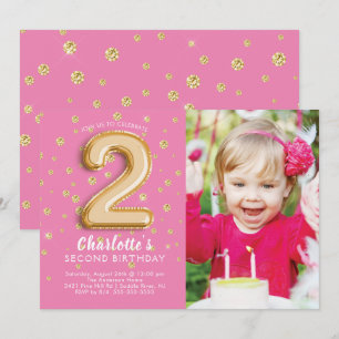 Pink Foil Balloon Photo 2nd Birthday Invitation