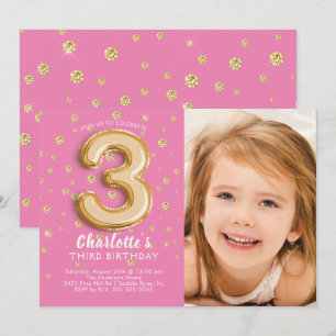 Pink Foil Balloon Photo 3rd Birthday Invitation