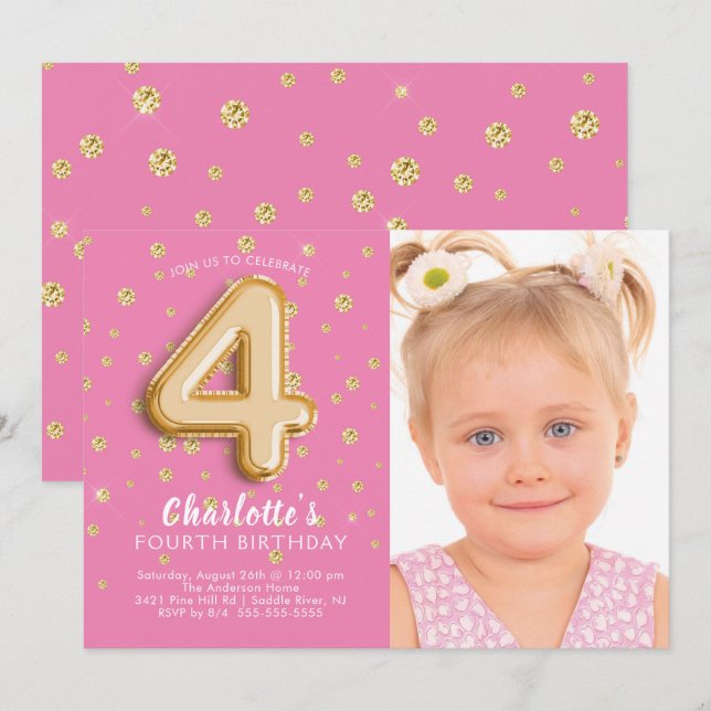Pink Foil Balloon Photo 4TH Birthday Invitation (Front/Back)