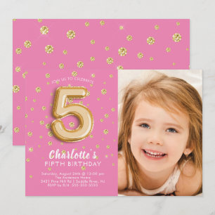Pink Foil Balloon Photo 5TH Birthday Invitation
