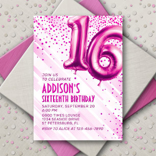 Pink Foil Balloons 16th Birthday Invitation