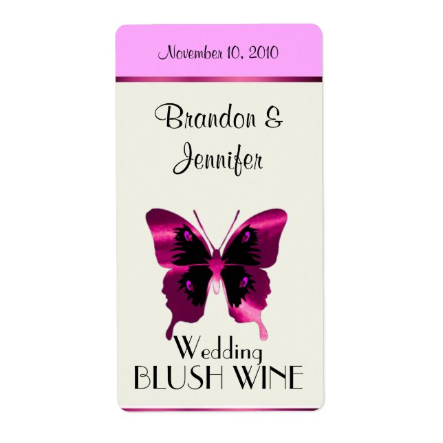 Pink Foil Butterfly Wedding Mini Wine Labels (Front)