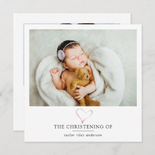 Pink Foil Heart Photo Baptism Christening  Thank You Card