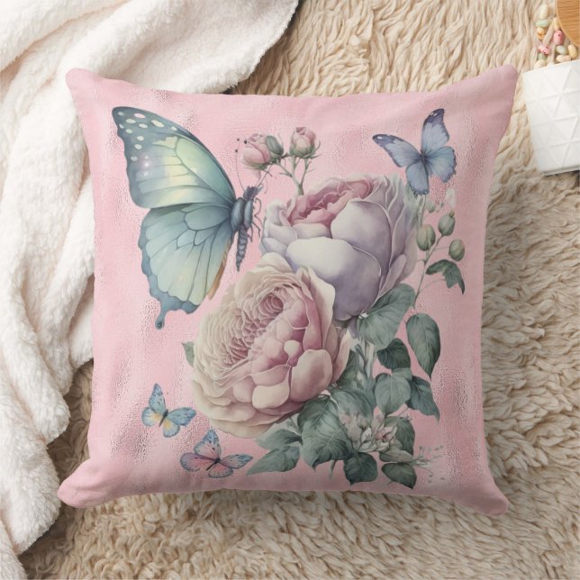 Pink Foil Lavender and Pink Peonies and Butterfly Cushion (Blanket)