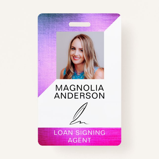 Pink Foil Notary Loan Signing Agent Quill ID Badge (Front)