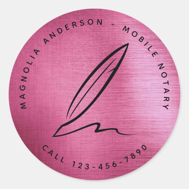 Pink Foil Quill Chic Mobile Notary Business Classic Round Sticker (Front)