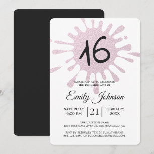 Pink Foil Splash Sweet 16 16th Birthday Party Invitation