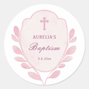 Pink Foliage Crest Baptism Classic Round Sticker