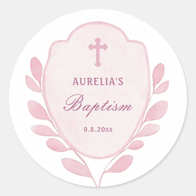 Pink Foliage Crest Baptism Classic Round Sticker (Front)