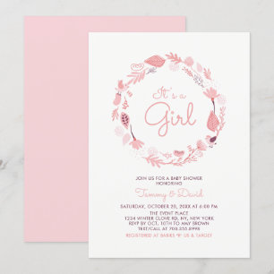 Pink Foliage   Cute Girl Baby Shower Invitation