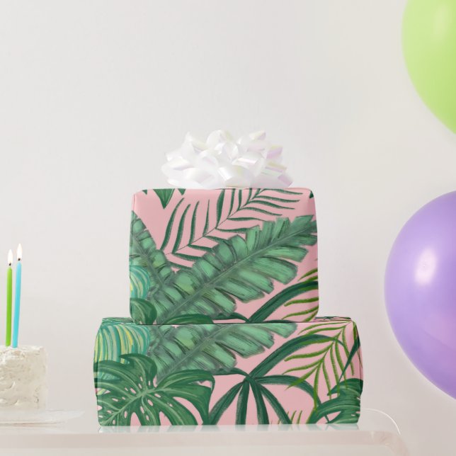 Pink Foliage Tropical Monstera Leaves party Wrapping Paper (Party Gifts)