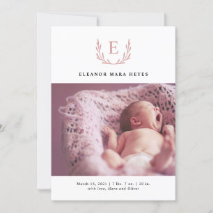 Pink Foliage Wreath Photo Birth Announcement
