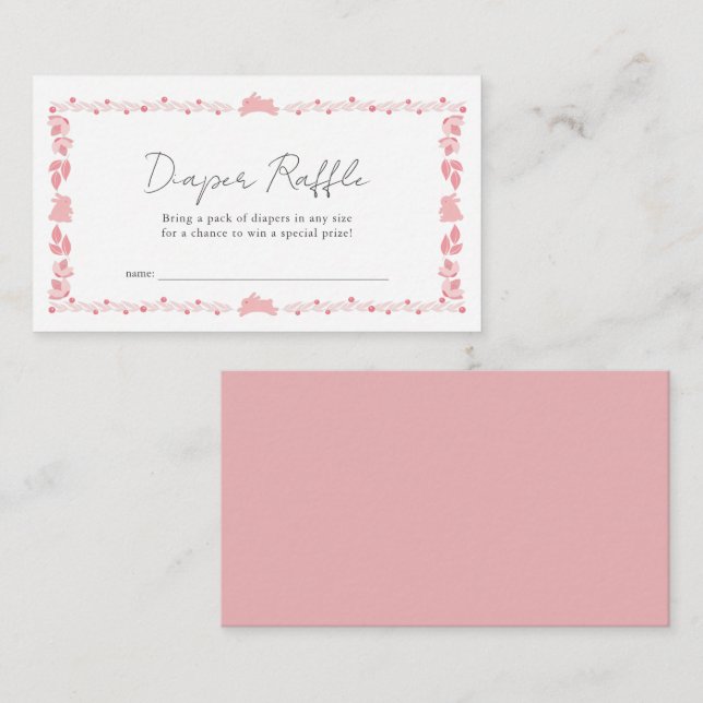 Pink Folk Art Bunny Diaper Raffle Ticket Enclosure Card (Front/Back)