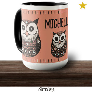 Pink Folk Art Owl Custom Name Mug