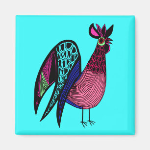 Pink Folk Art Rooster Magnet