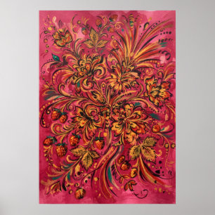 Pink Folk Floral Strawberry Poster