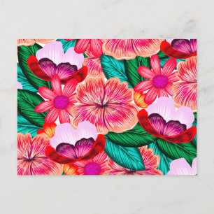 Pink Folkart Summer Bloom Flowers Holiday Postcard