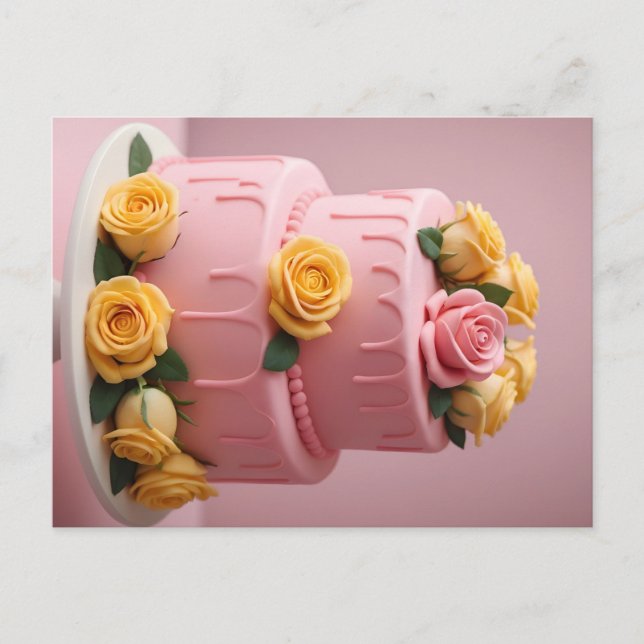 Pink fondant cake with roses postcard (Front)