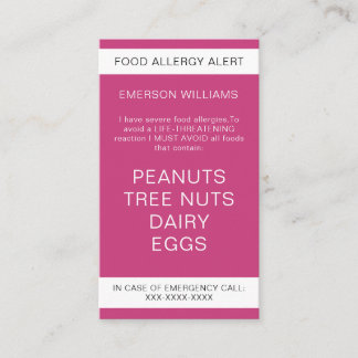 Pink Food Allergy Alert Personalised Chef Card