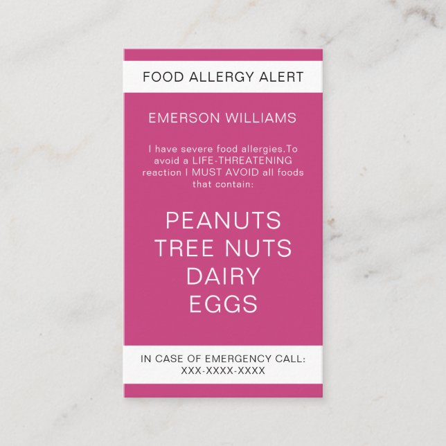 Pink Food Allergy Alert Personalised Chef Card (Front)