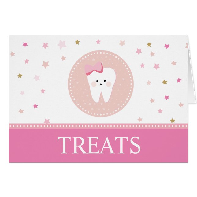 Pink Food Label card for the First Tooth party (Front Horizontal)