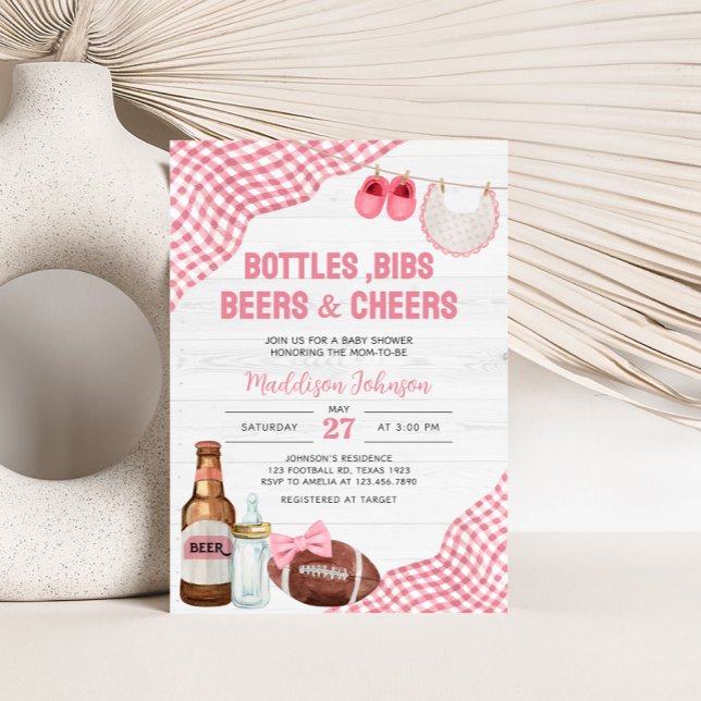 Pink Football Baby Shower Invitation (Bottles, Bibs, Beers & Cheers Baby Shower Invitation)