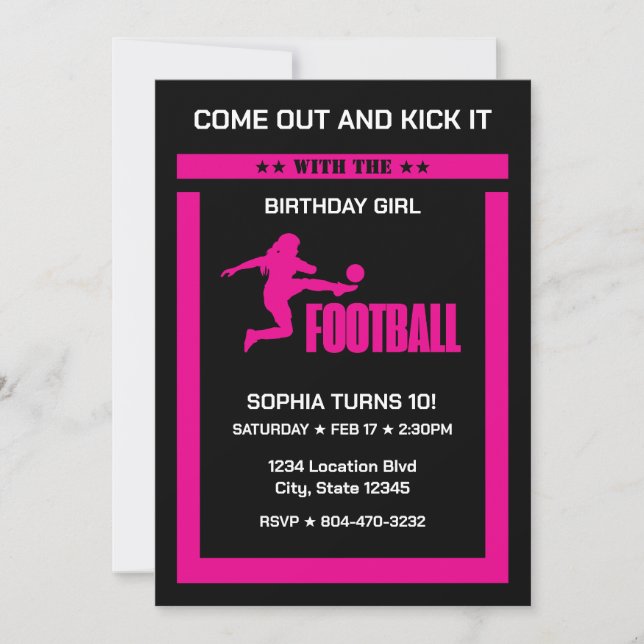Pink Football Player Girl, Birthday Girl Team  Invitation (Front)