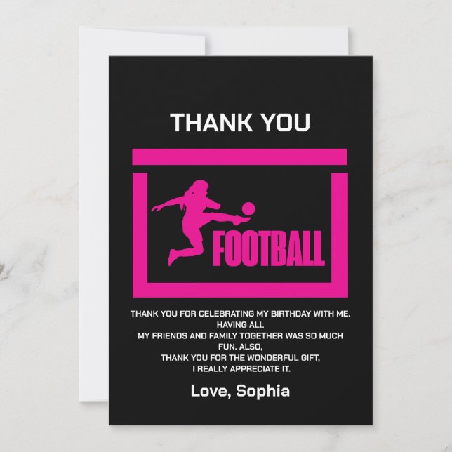 Pink Football Player Girl, Birthday Girl Team  Thank You Card (Front)