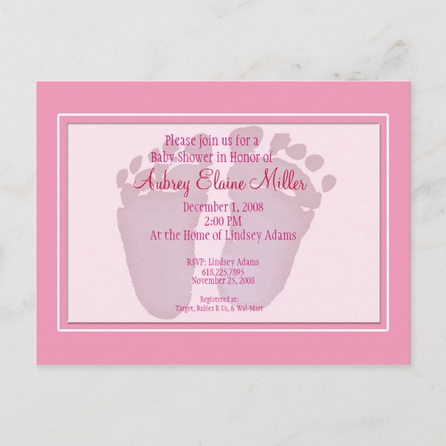 Pink Footprint Baby Shower Invitation Postcard (Front)