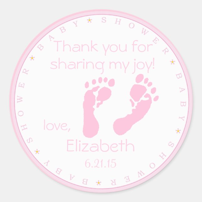 Pink Footprints Baby Shower Classic Round Sticker (Front)