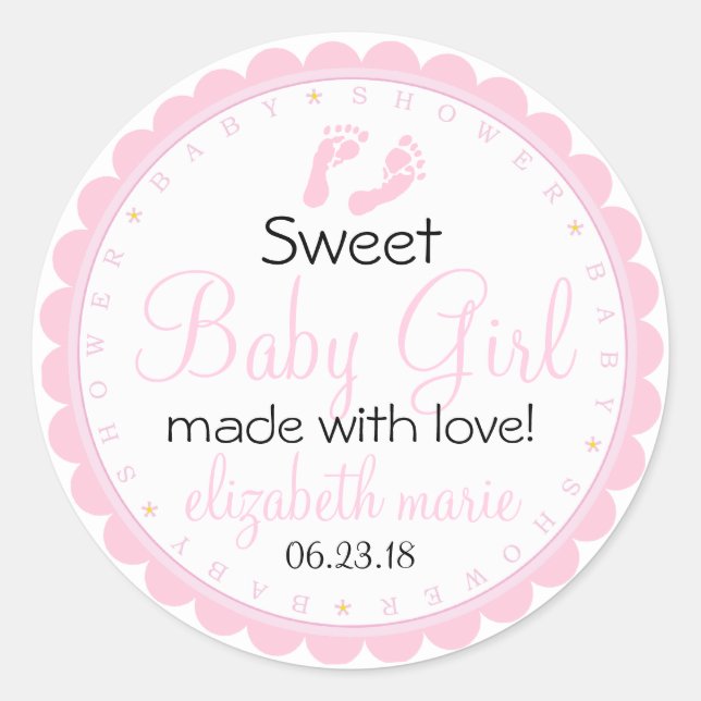 Pink Footprints Baby Shower Scallopped Guest Favou Classic Round Sticker (Front)