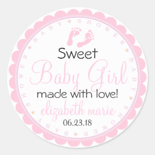 Pink Footprints Baby Shower Scallopped Guest Favou Classic Round Sticker