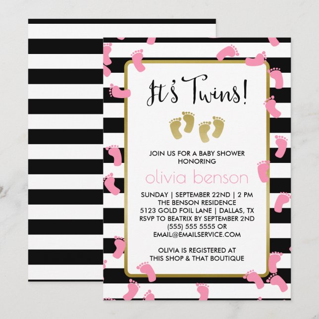 Pink Footprints Black & Gold Twins Baby Shower Invitation (Front/Back)