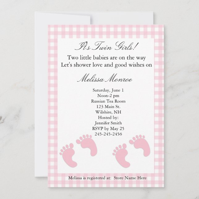 Pink Footprints Twins Shower Invitation (Front)