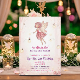 Pink Forest Fairy Fireflies 2nd Birthday Party Invitation
