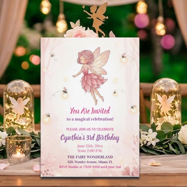 Pink Forest Fairy Fireflies 3rd Birthday Party Invitation (Creator Uploaded)
