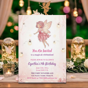 Pink Forest Fairy Fireflies 7th Birthday Party Invitation